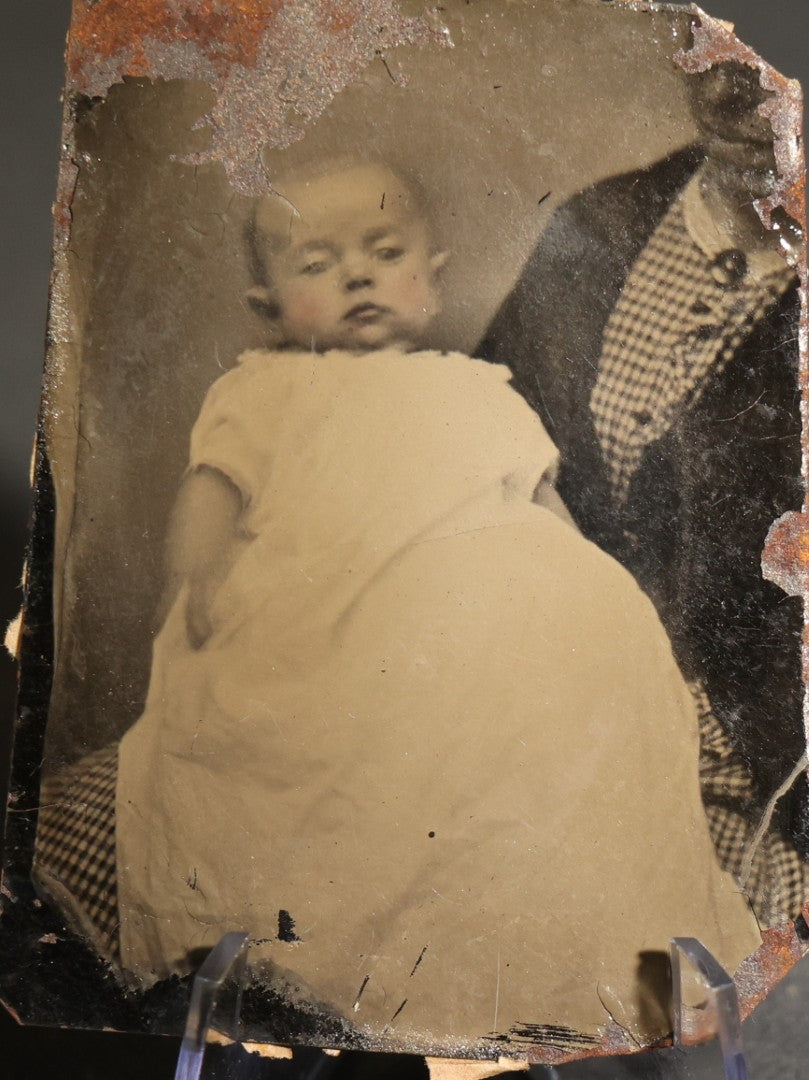 Pair of Antique Tintype Photographs of Infants with Hidden Mothers