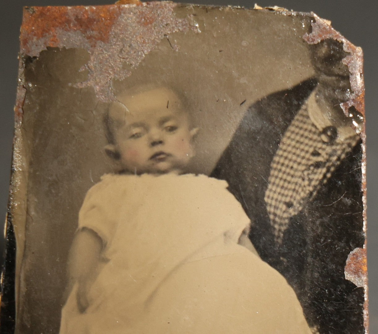 Pair of Antique Tintype Photographs of Infants with Hidden Mothers