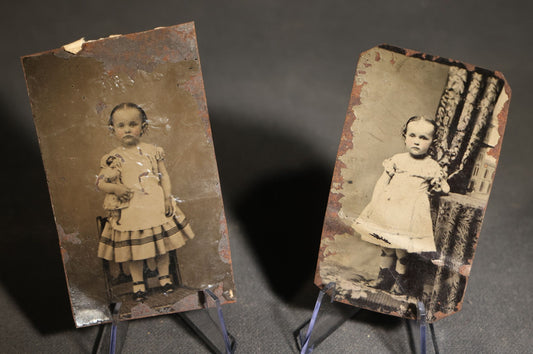Pair of Antique Tintype Photographs of the Same Young Girl including One Holding a Doll