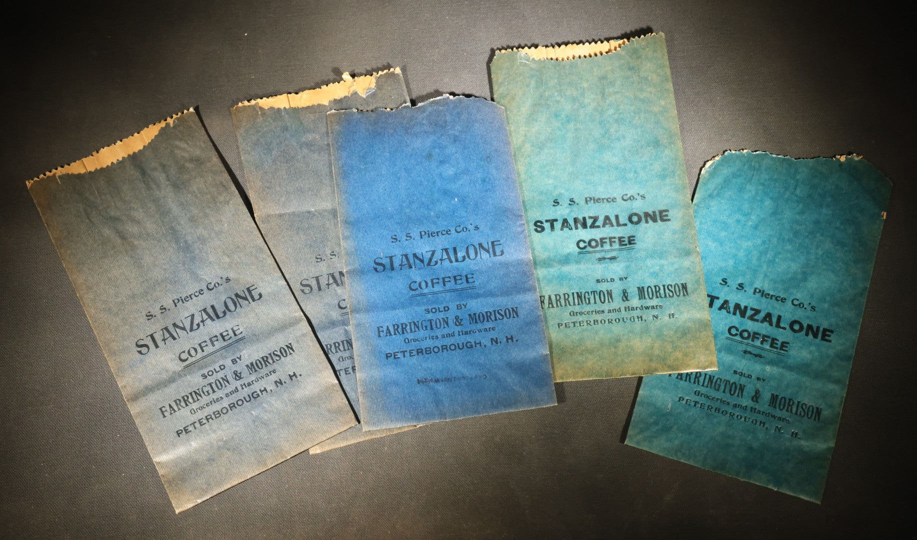 Grouping of Six Antique S.S. Pierce Co. Stanzalone Coffee Paper Bags, Sold by Farrington & Morison Groceries and Hardware, Peterborough, New Hampshire