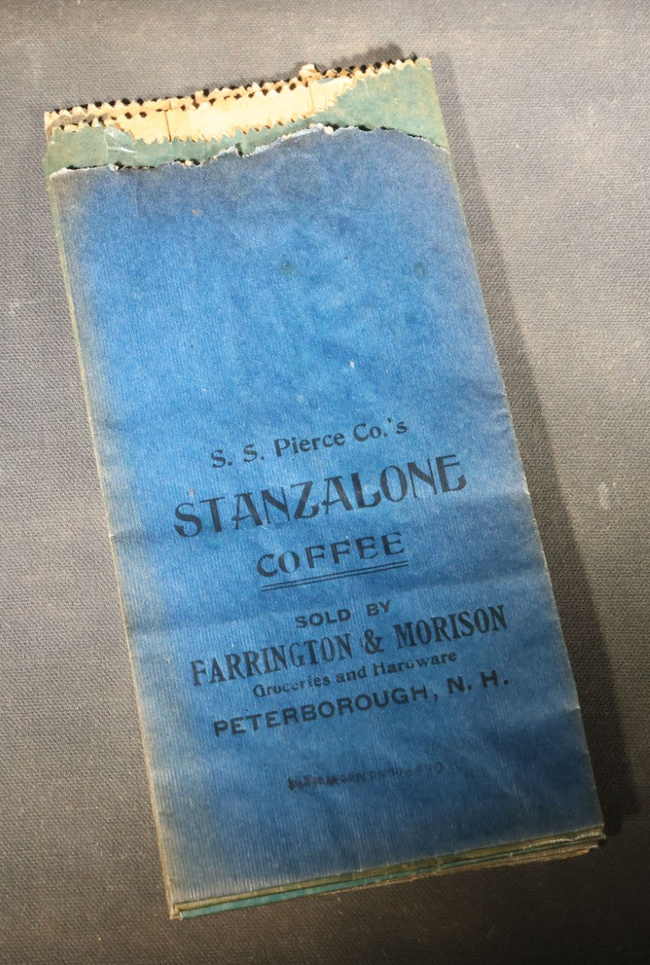 Grouping of Six Antique S.S. Pierce Co. Stanzalone Coffee Paper Bags, Sold by Farrington & Morison Groceries and Hardware, Peterborough, New Hampshire