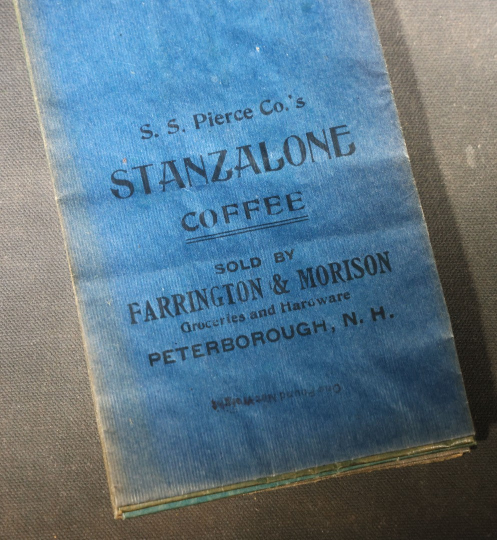 Grouping of Six Antique S.S. Pierce Co. Stanzalone Coffee Paper Bags, Sold by Farrington & Morison Groceries and Hardware, Peterborough, New Hampshire