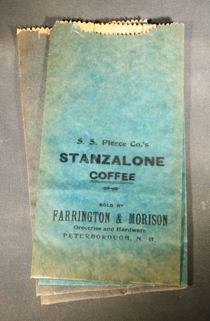 Grouping of Six Antique S.S. Pierce Co. Stanzalone Coffee Paper Bags, Sold by Farrington & Morison Groceries and Hardware, Peterborough, New Hampshire