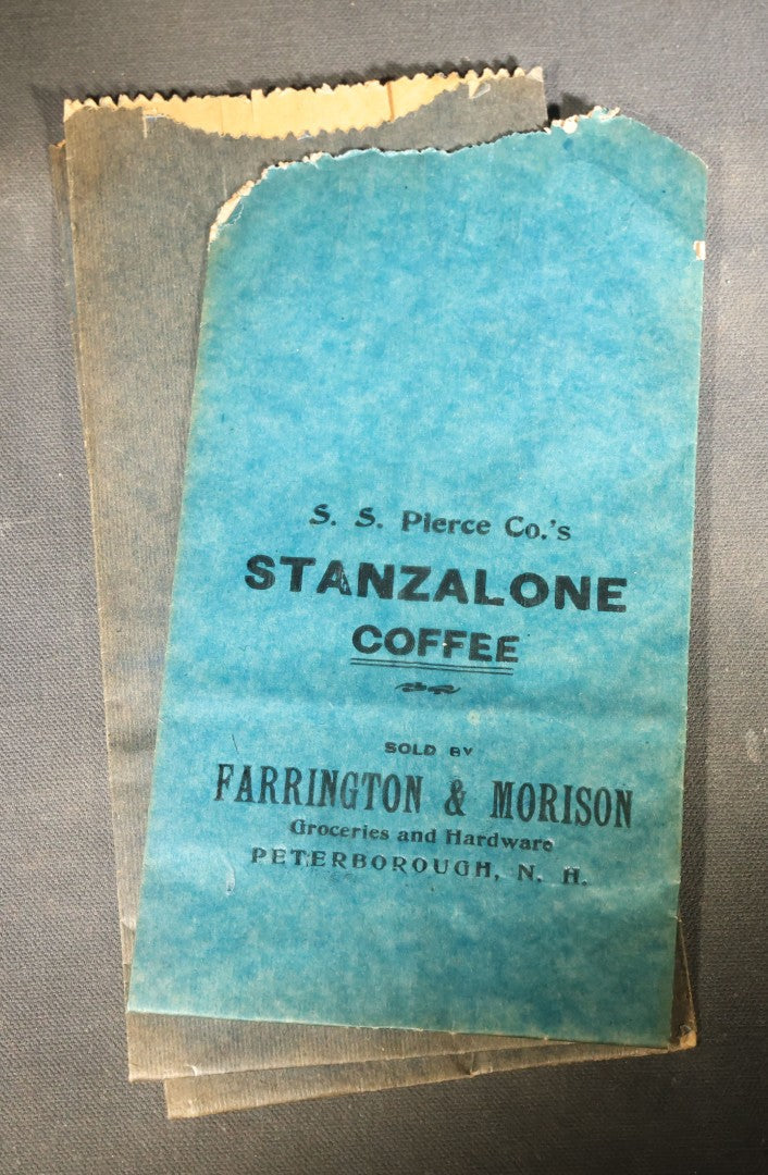 Grouping of Six Antique S.S. Pierce Co. Stanzalone Coffee Paper Bags, Sold by Farrington & Morison Groceries and Hardware, Peterborough, New Hampshire