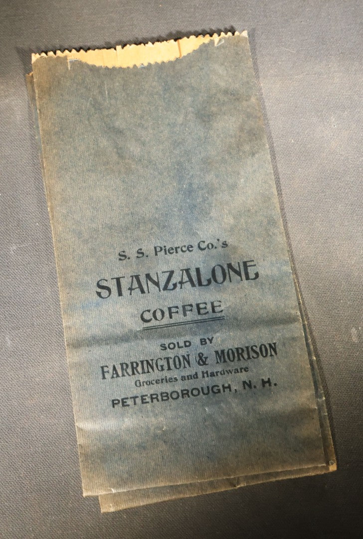 Grouping of Six Antique S.S. Pierce Co. Stanzalone Coffee Paper Bags, Sold by Farrington & Morison Groceries and Hardware, Peterborough, New Hampshire