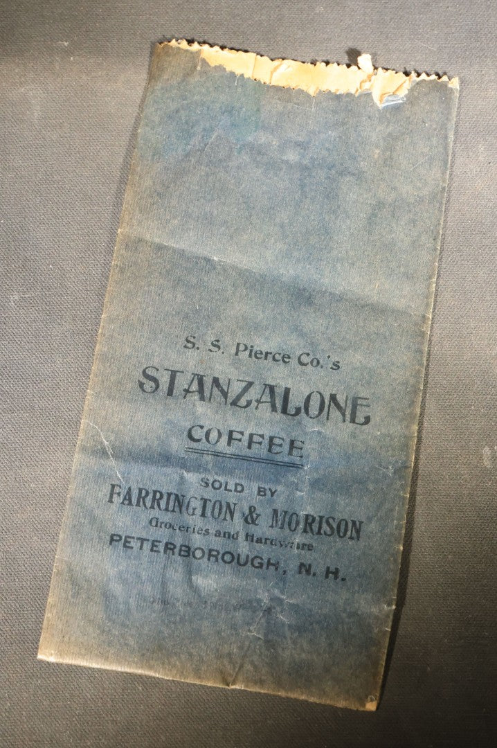 Grouping of Six Antique S.S. Pierce Co. Stanzalone Coffee Paper Bags, Sold by Farrington & Morison Groceries and Hardware, Peterborough, New Hampshire