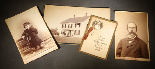 Grouping of Four Antique Photographs and Ephemera including Two Cabinet Card Photographs, a Board-Mounted Photograph of a House with Figures, and a Gibson Santa Claus Christmas Card