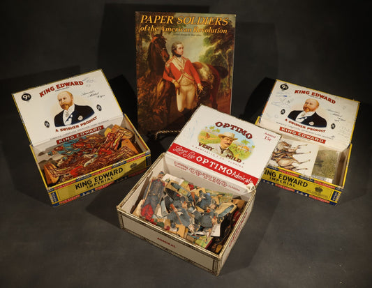 Grouping of Antique and Vintage Paper Soldiers and Military Figures including Chromolithograph Cutout Infantry and Cavalry, "Paper Soldiers of the American Revolution" Book, and Valiant Miniatures Metal Figure Kits
