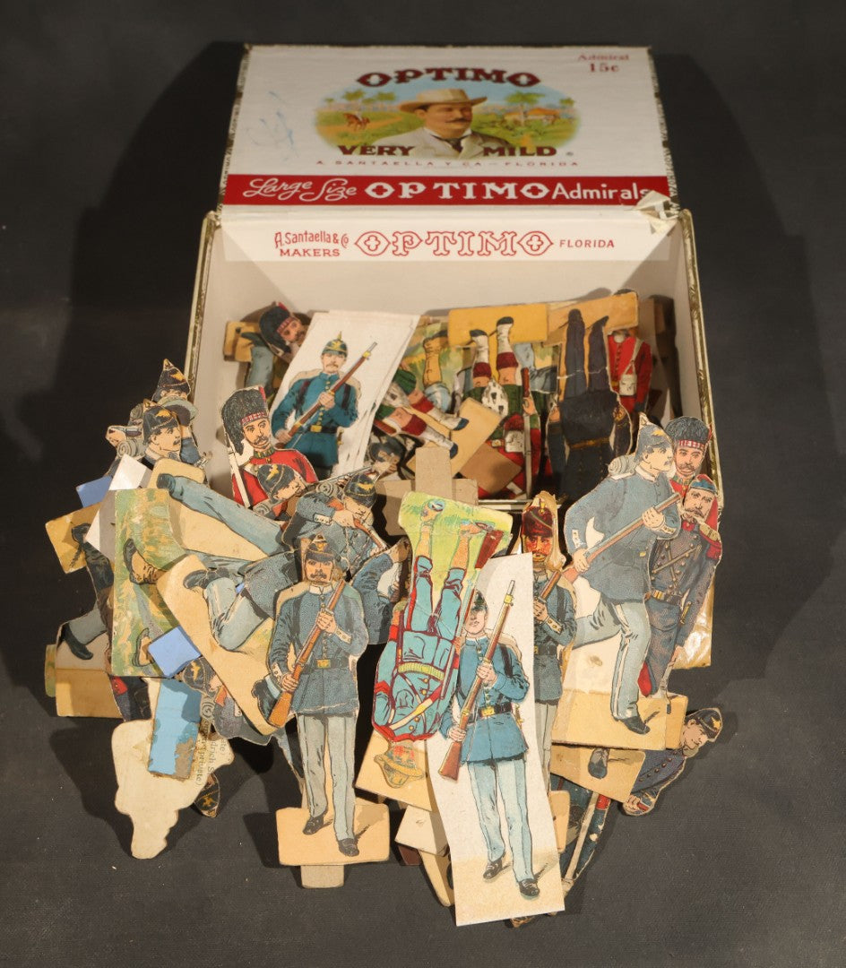 Grouping of Antique and Vintage Paper Soldiers and Military Figures including Chromolithograph Cutout Infantry and Cavalry, "Paper Soldiers of the American Revolution" Book, and Valiant Miniatures Metal Figure Kits