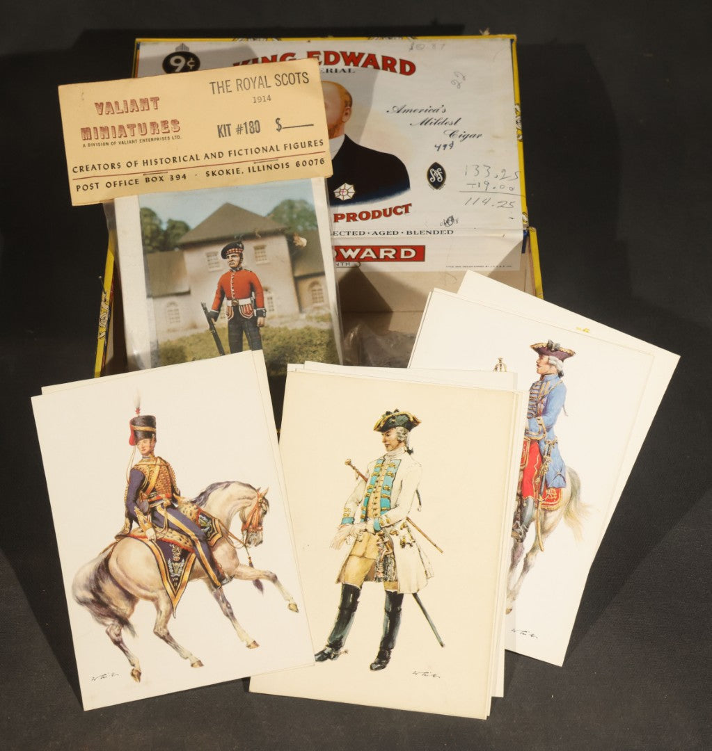 Grouping of Antique and Vintage Paper Soldiers and Military Figures including Chromolithograph Cutout Infantry and Cavalry, "Paper Soldiers of the American Revolution" Book, and Valiant Miniatures Metal Figure Kits