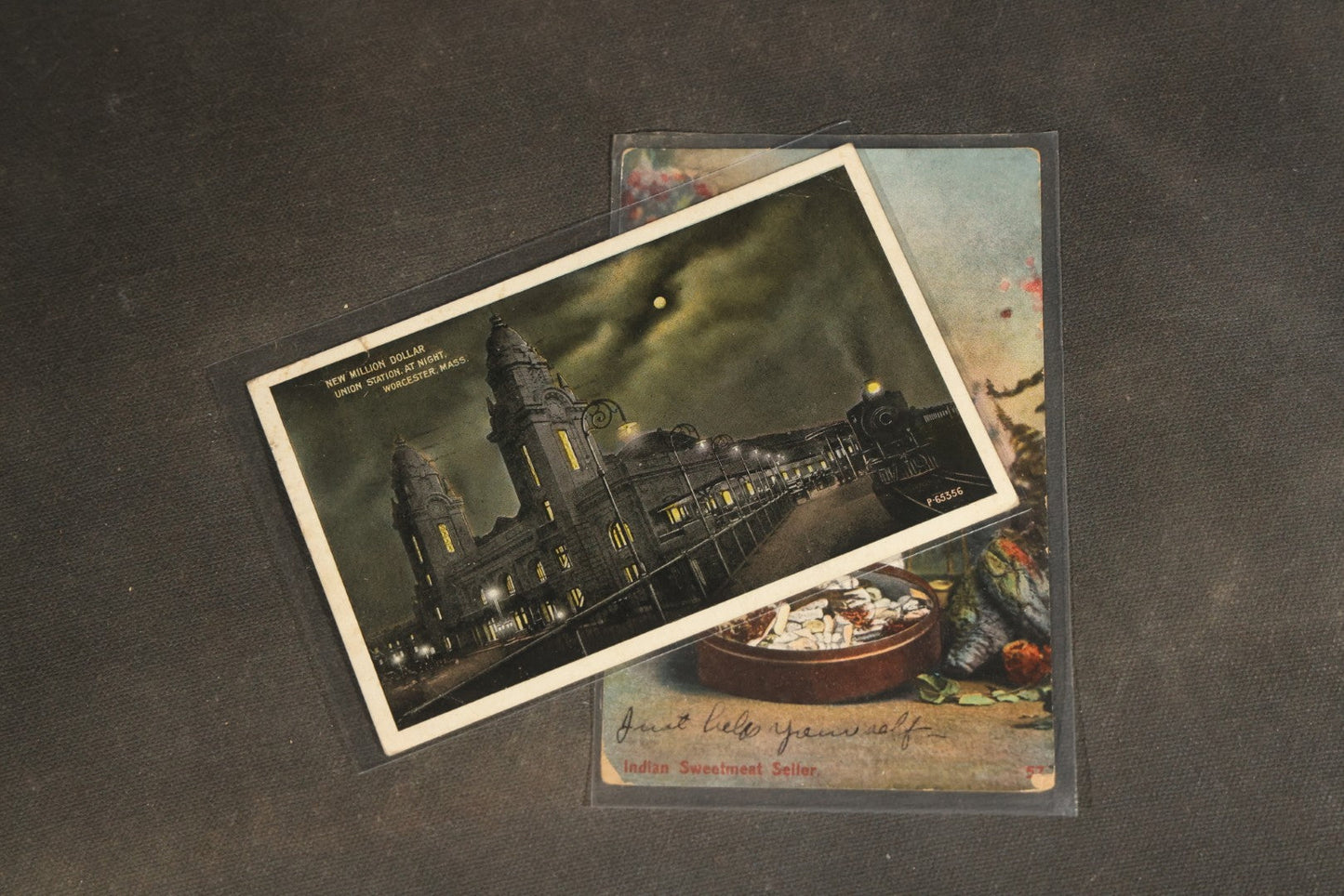 "Liza's Picks" Grouping of 30 Antique and Vintage Postcards including Massachusetts Map, Indian Sweetmeat Seller, Hebrew-Inscribed Cards, Castle Architecture, and Religious Subjects