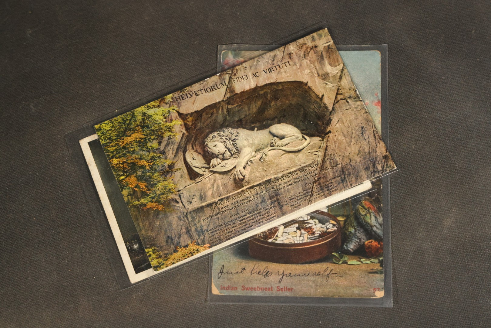 "Liza's Picks" Grouping of 30 Antique and Vintage Postcards including Massachusetts Map, Indian Sweetmeat Seller, Hebrew-Inscribed Cards, Castle Architecture, and Religious Subjects