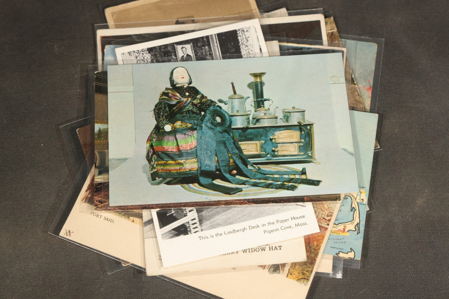 "Liza's Picks" Grouping of 30 Antique and Vintage Postcards including Massachusetts Map, Indian Sweetmeat Seller, Hebrew-Inscribed Cards, Castle Architecture, and Religious Subjects