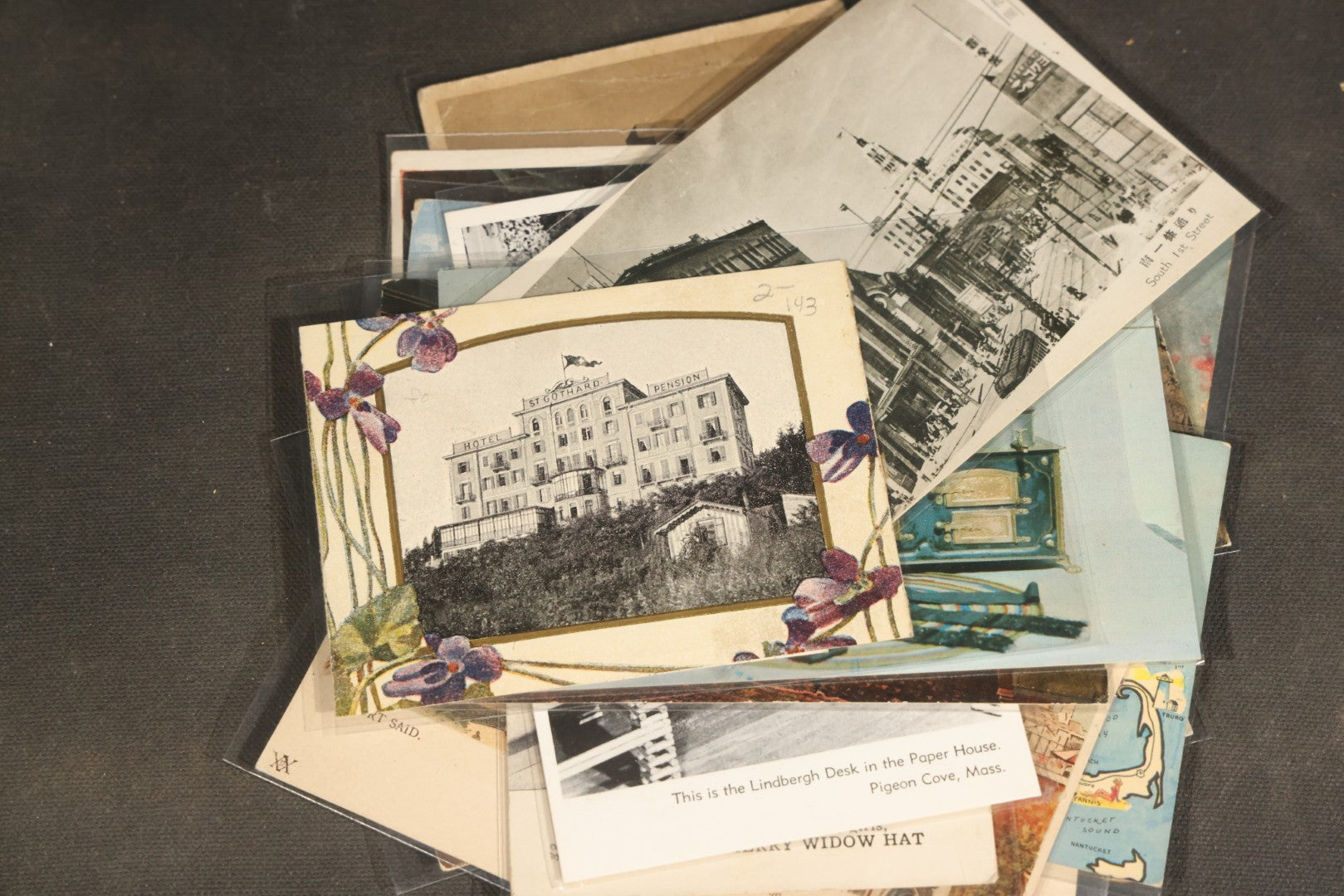 "Liza's Picks" Grouping of 30 Antique and Vintage Postcards including Massachusetts Map, Indian Sweetmeat Seller, Hebrew-Inscribed Cards, Castle Architecture, and Religious Subjects