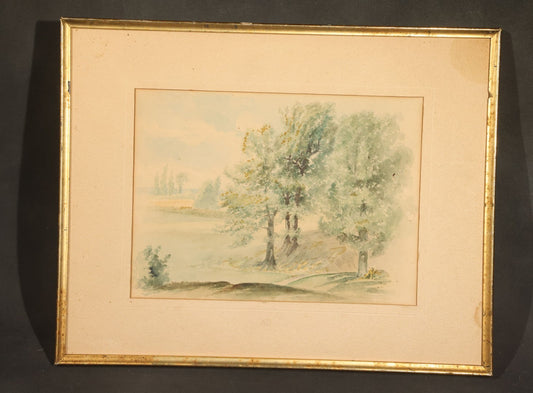Vintage Watercolor Painting on Paper, Landscape with Trees Along a Riverbank, Framed