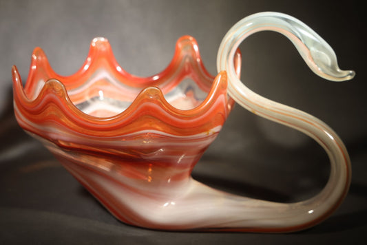 Vintage Art Glass Swan Bowl with Scalloped Rim in Orange and White
