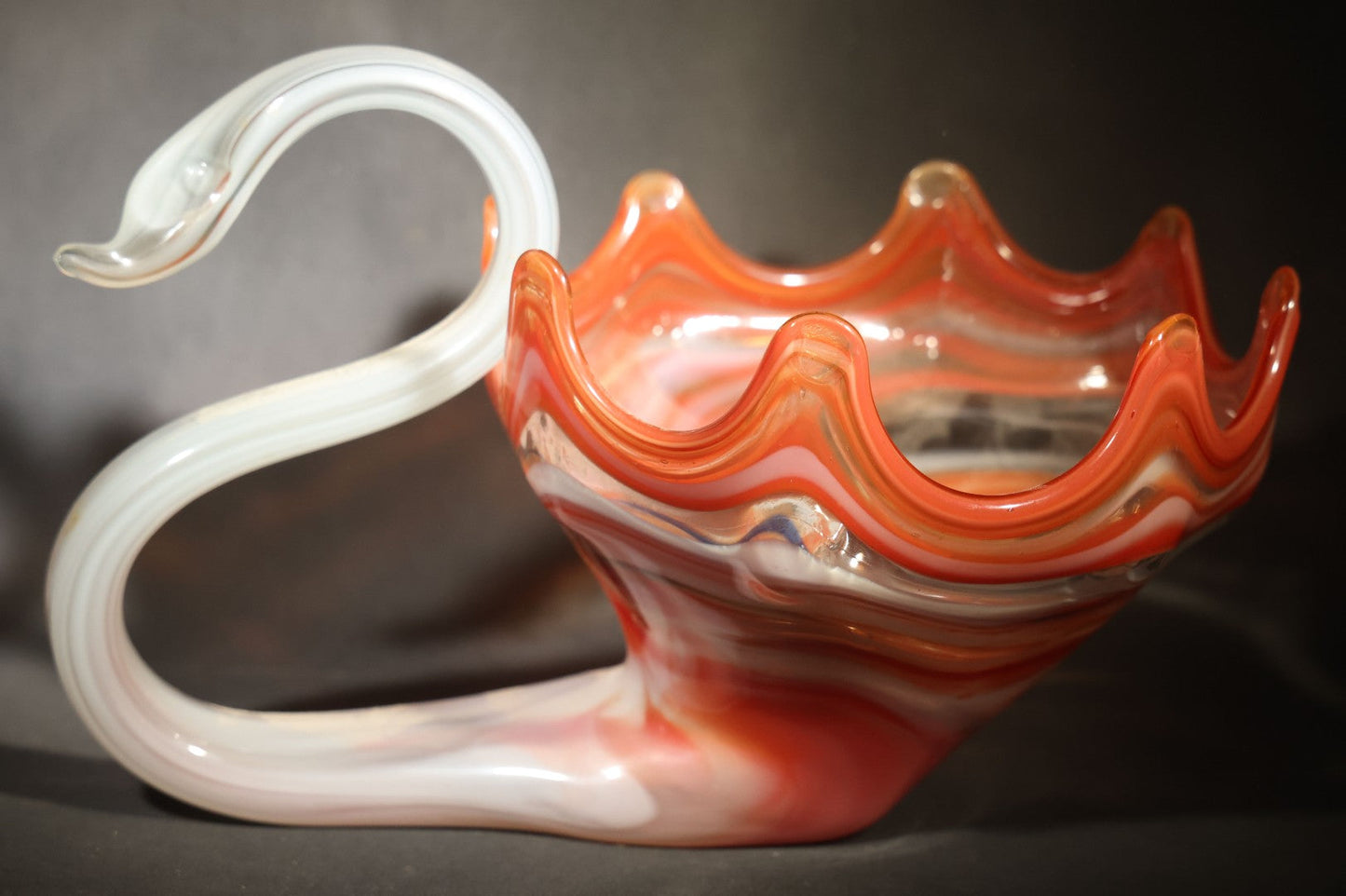 Vintage Art Glass Swan Bowl with Scalloped Rim in Orange and White