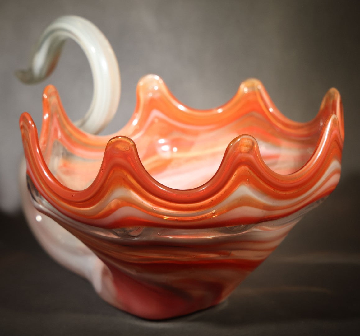 Vintage Art Glass Swan Bowl with Scalloped Rim in Orange and White