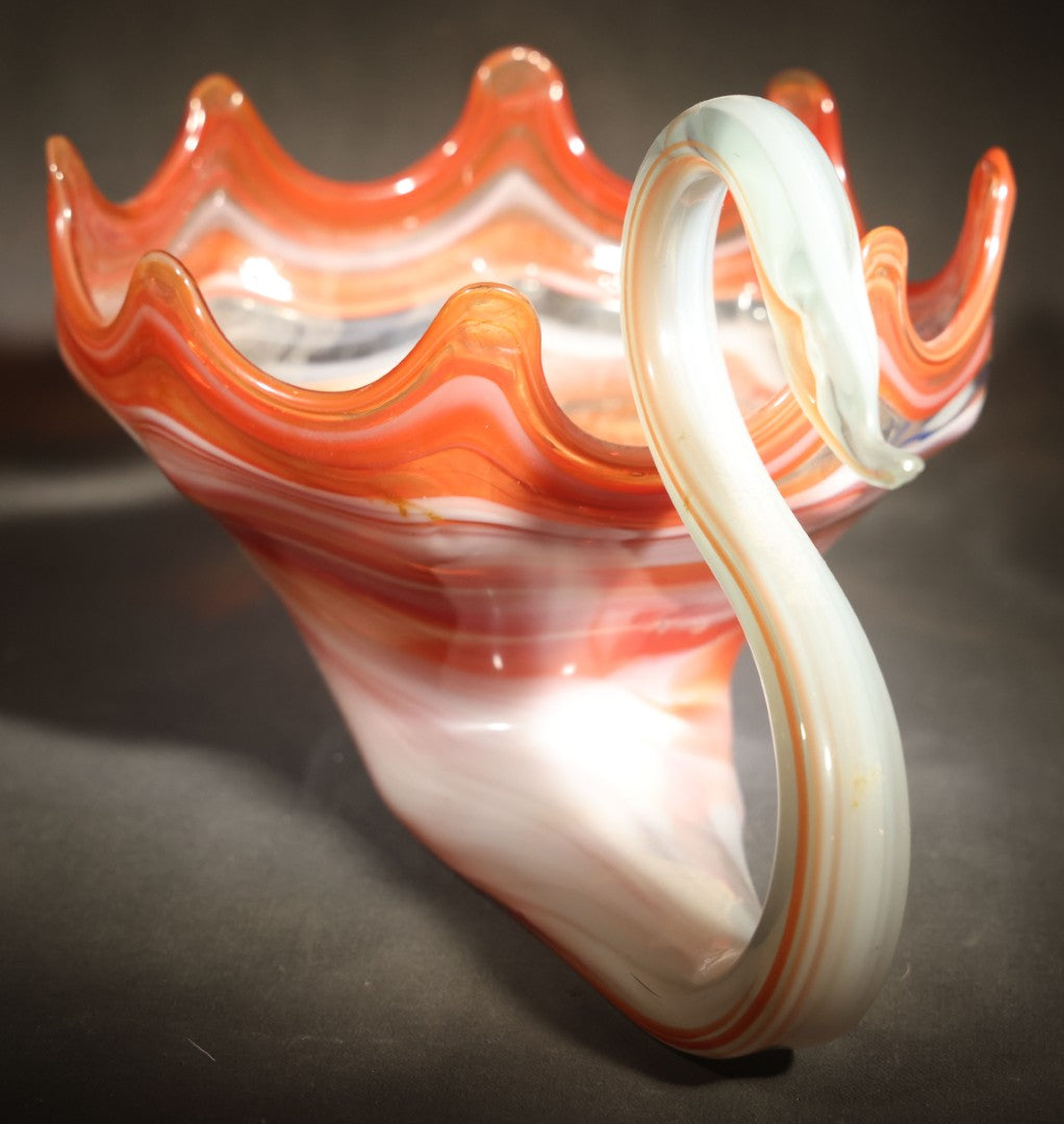 Vintage Art Glass Swan Bowl with Scalloped Rim in Orange and White