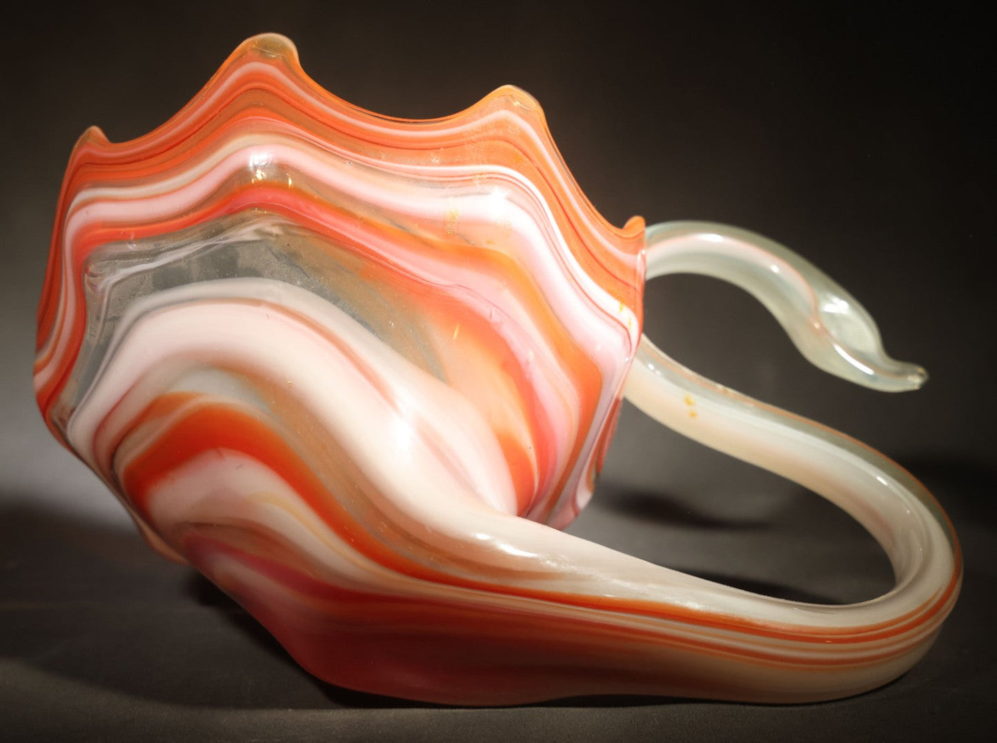 Vintage Art Glass Swan Bowl with Scalloped Rim in Orange and White