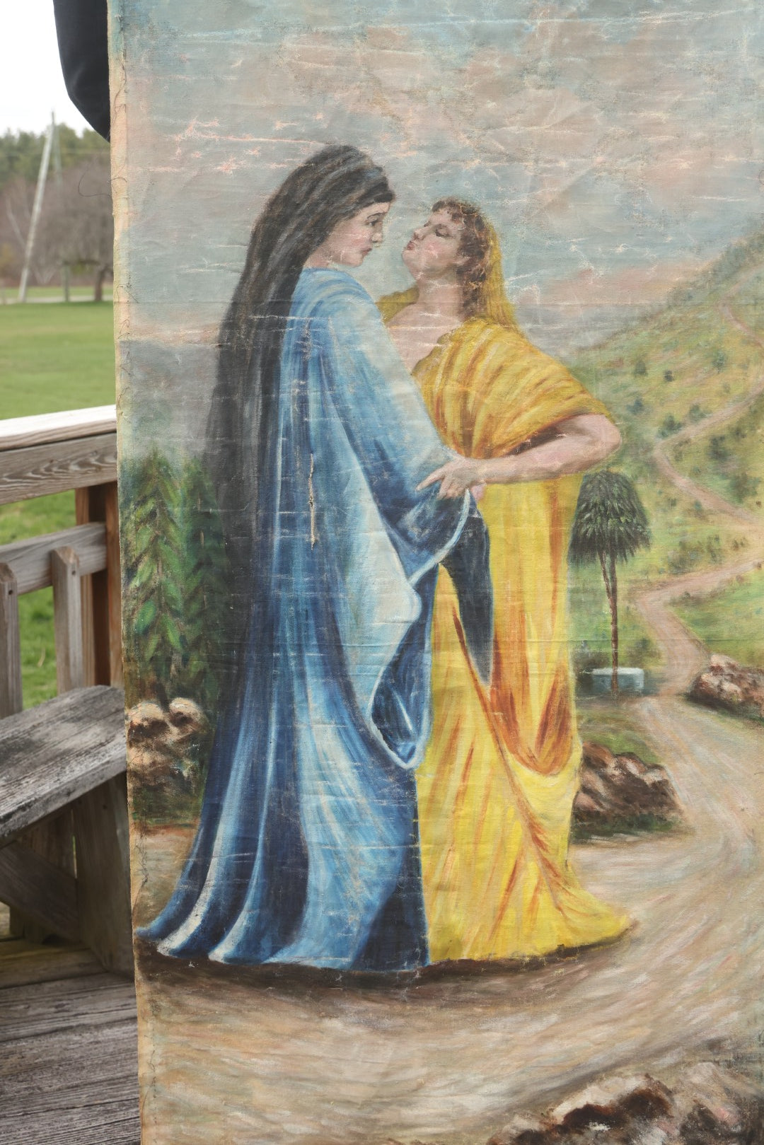 Antique Wall-Height Unframed Oil Painting on Canvas, Ruth's Declaration of Devotion to Naomi on the Road from Moab to Bethlehem, Old Testament Biblical Subject, After Philip Hermogenes Calderon