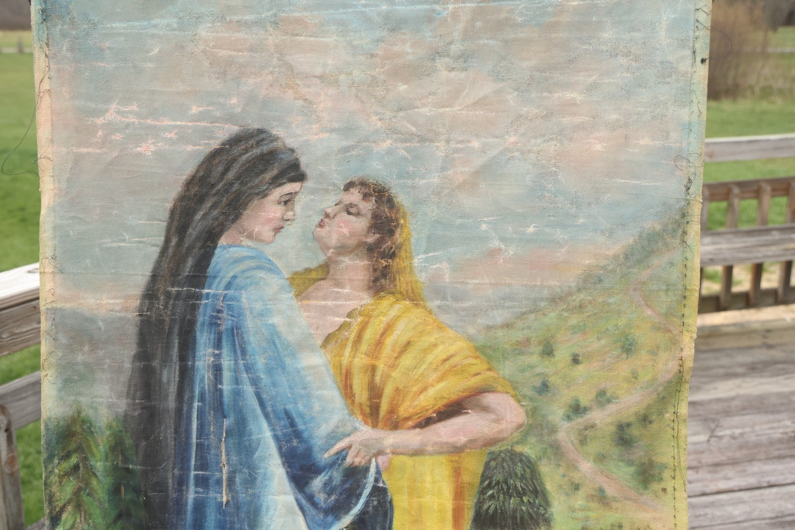 Antique Wall-Height Unframed Oil Painting on Canvas, Ruth's Declaration of Devotion to Naomi on the Road from Moab to Bethlehem, Old Testament Biblical Subject, After Philip Hermogenes Calderon