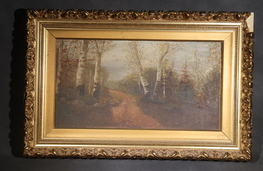Antique Oil Painting on Board, Birch Tree-Lined Path Landscape, Circa 1906-1907, by Sara N. Goodwin of South Berwick, Maine, in Gilt Frame