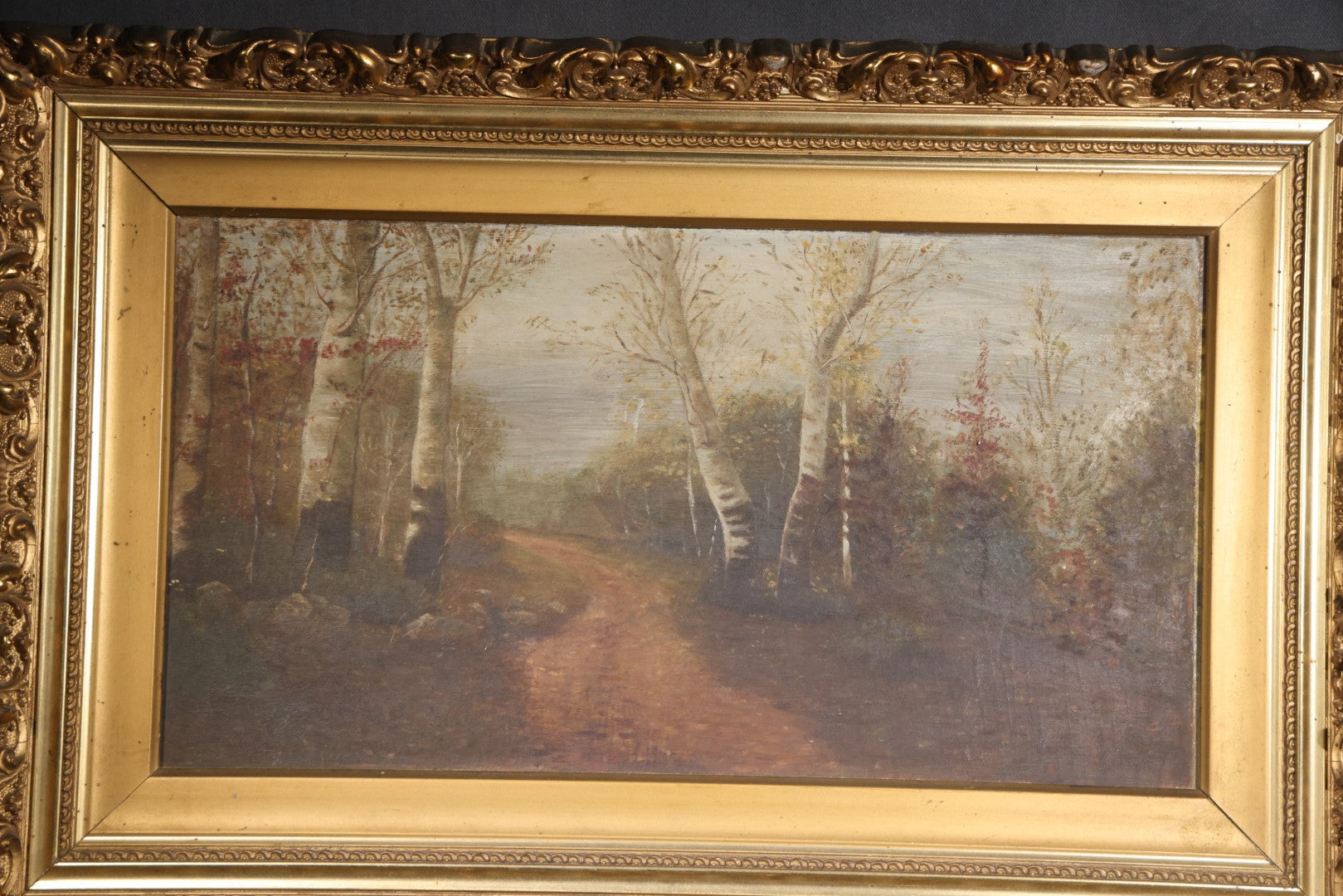 Antique Oil Painting on Board, Birch Tree-Lined Path Landscape, Circa 1906-1907, by Sara N. Goodwin of South Berwick, Maine, in Gilt Frame