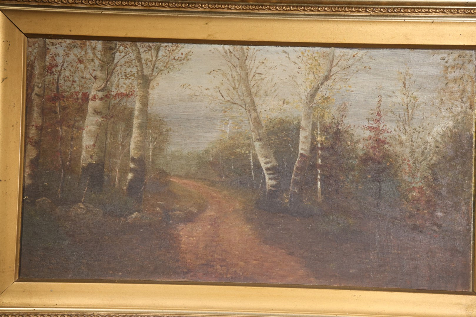 Antique Oil Painting on Board, Birch Tree-Lined Path Landscape, Circa 1906-1907, by Sara N. Goodwin of South Berwick, Maine, in Gilt Frame
