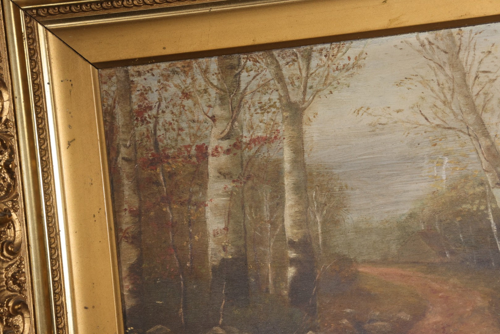 Antique Oil Painting on Board, Birch Tree-Lined Path Landscape, Circa 1906-1907, by Sara N. Goodwin of South Berwick, Maine, in Gilt Frame