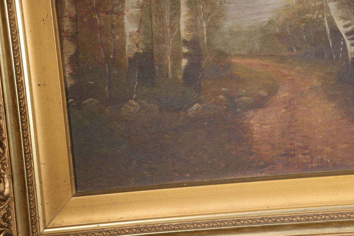 Antique Oil Painting on Board, Birch Tree-Lined Path Landscape, Circa 1906-1907, by Sara N. Goodwin of South Berwick, Maine, in Gilt Frame