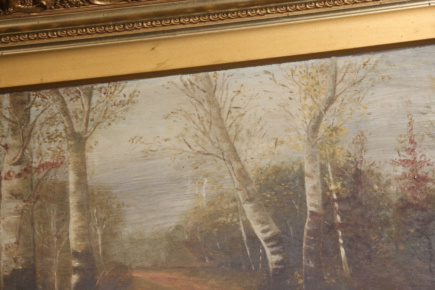 Antique Oil Painting on Board, Birch Tree-Lined Path Landscape, Circa 1906-1907, by Sara N. Goodwin of South Berwick, Maine, in Gilt Frame