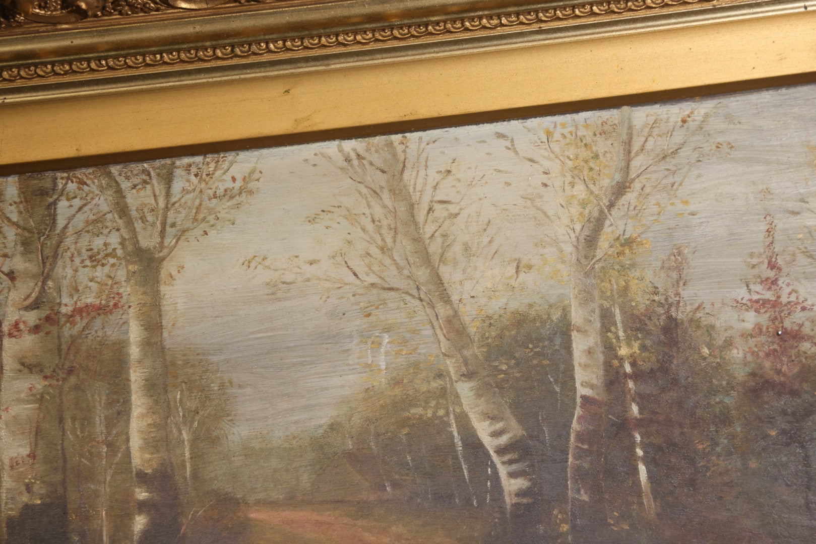 Antique Oil Painting on Board, Birch Tree-Lined Path Landscape, Circa 1906-1907, by Sara N. Goodwin of South Berwick, Maine, in Gilt Frame