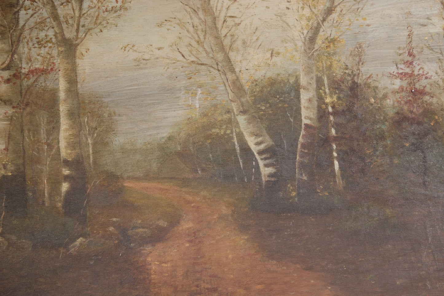 Antique Oil Painting on Board, Birch Tree-Lined Path Landscape, Circa 1906-1907, by Sara N. Goodwin of South Berwick, Maine, in Gilt Frame
