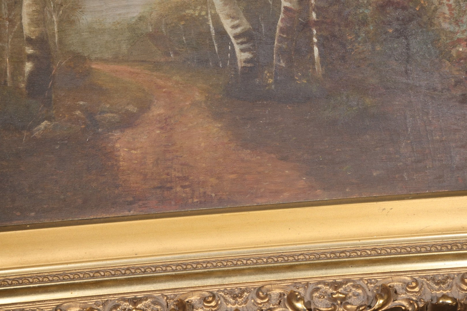 Antique Oil Painting on Board, Birch Tree-Lined Path Landscape, Circa 1906-1907, by Sara N. Goodwin of South Berwick, Maine, in Gilt Frame