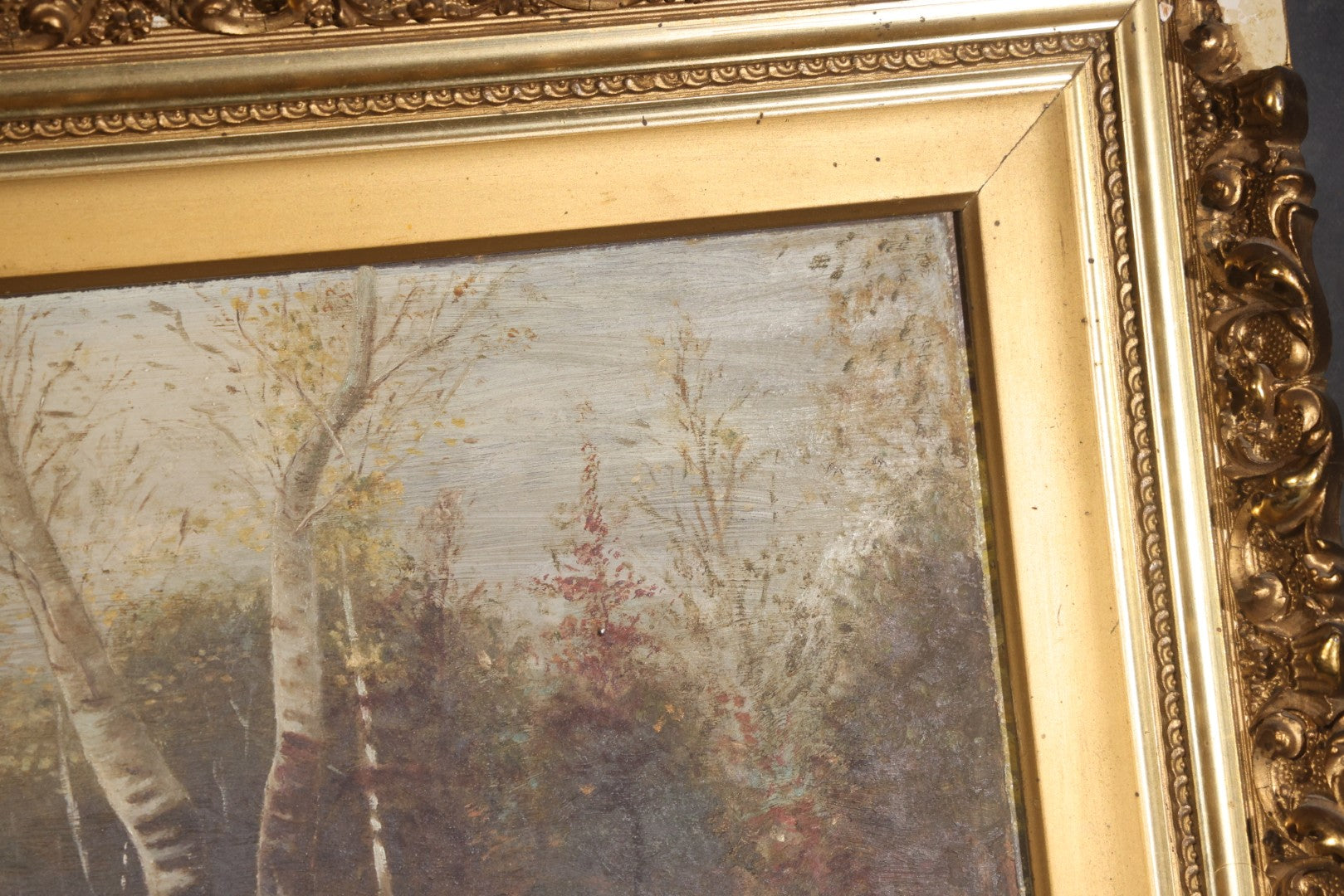 Antique Oil Painting on Board, Birch Tree-Lined Path Landscape, Circa 1906-1907, by Sara N. Goodwin of South Berwick, Maine, in Gilt Frame