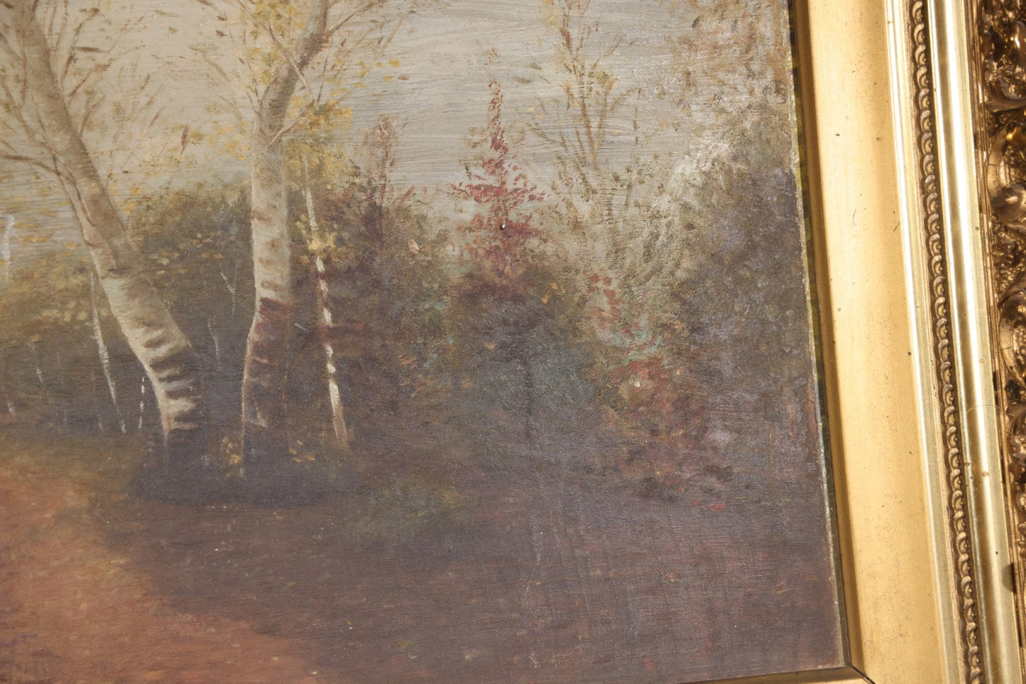 Antique Oil Painting on Board, Birch Tree-Lined Path Landscape, Circa 1906-1907, by Sara N. Goodwin of South Berwick, Maine, in Gilt Frame