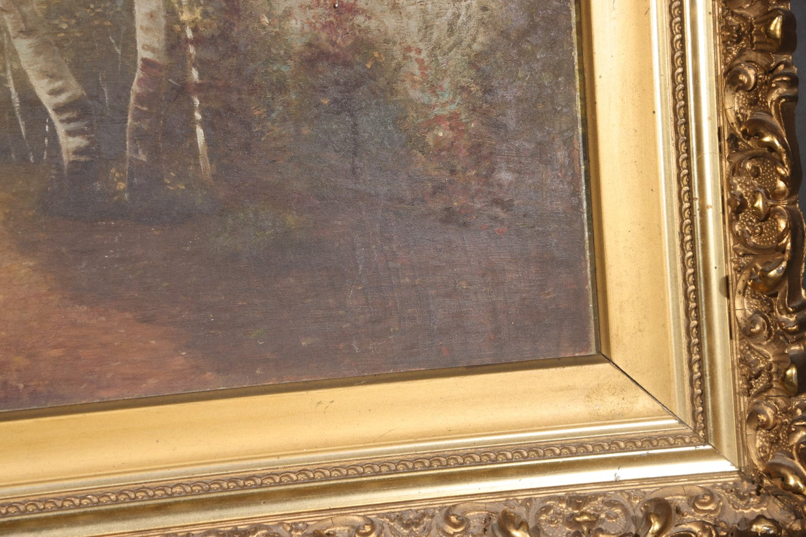 Antique Oil Painting on Board, Birch Tree-Lined Path Landscape, Circa 1906-1907, by Sara N. Goodwin of South Berwick, Maine, in Gilt Frame