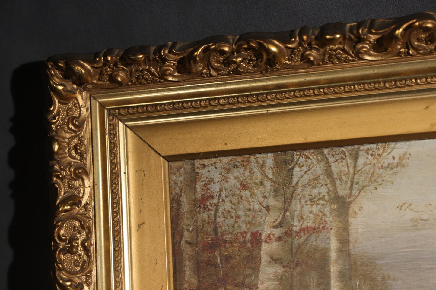 Antique Oil Painting on Board, Birch Tree-Lined Path Landscape, Circa 1906-1907, by Sara N. Goodwin of South Berwick, Maine, in Gilt Frame
