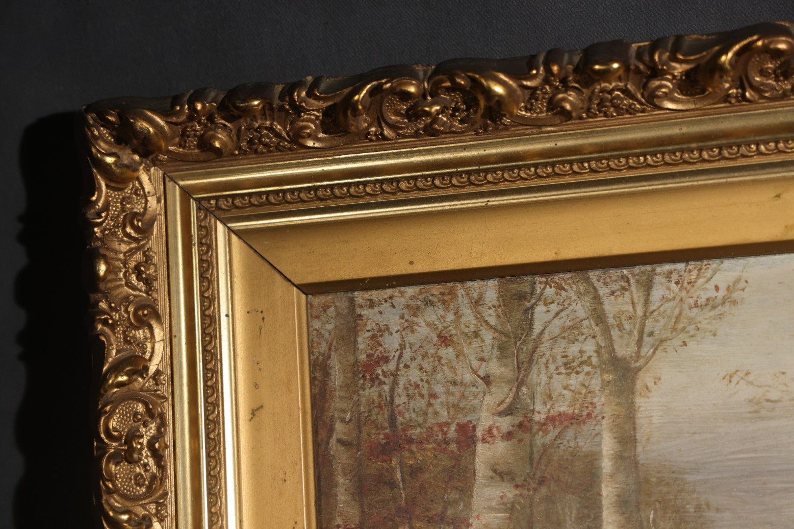 Antique Oil Painting on Board, Birch Tree-Lined Path Landscape, Circa 1906-1907, by Sara N. Goodwin of South Berwick, Maine, in Gilt Frame