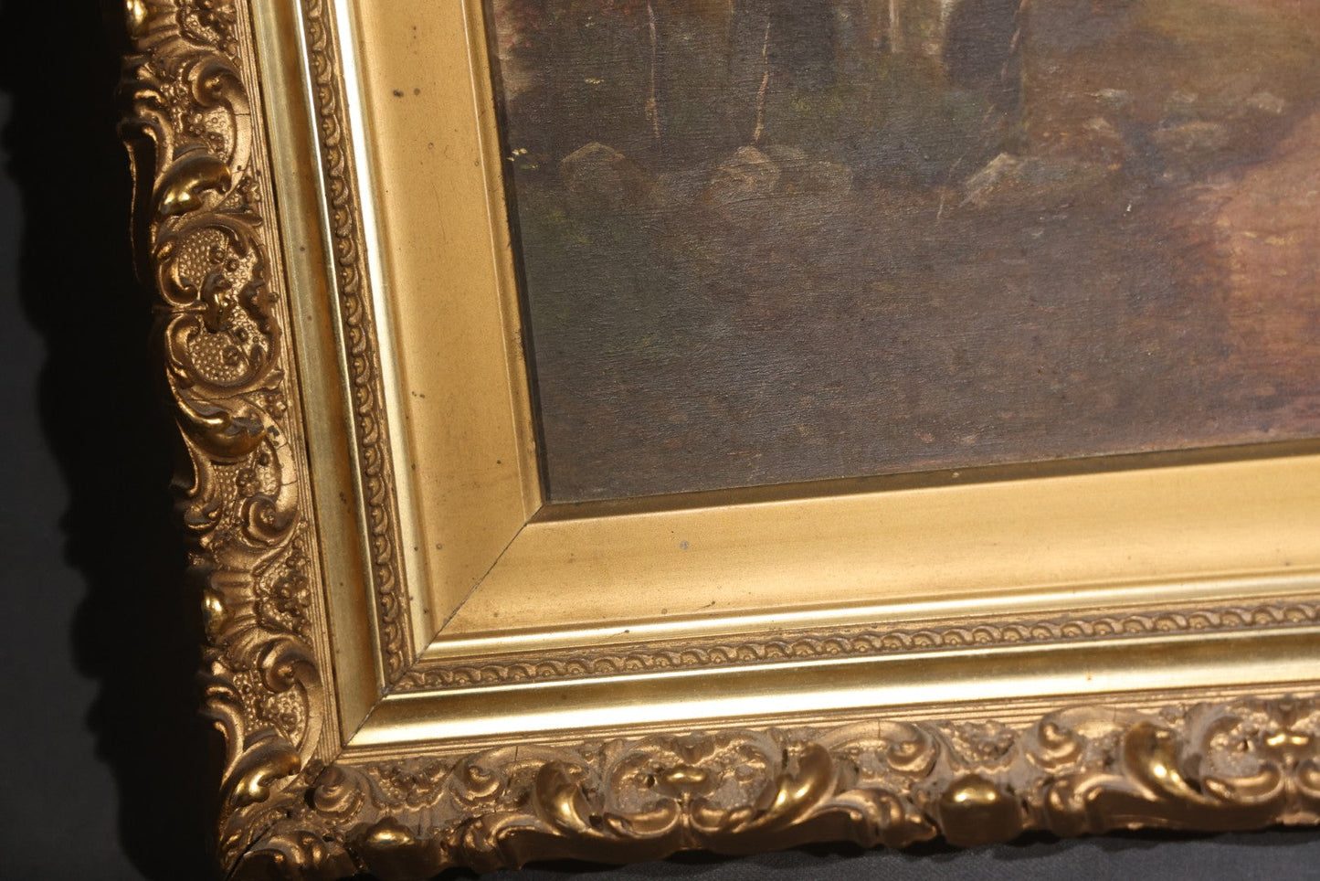 Antique Oil Painting on Board, Birch Tree-Lined Path Landscape, Circa 1906-1907, by Sara N. Goodwin of South Berwick, Maine, in Gilt Frame