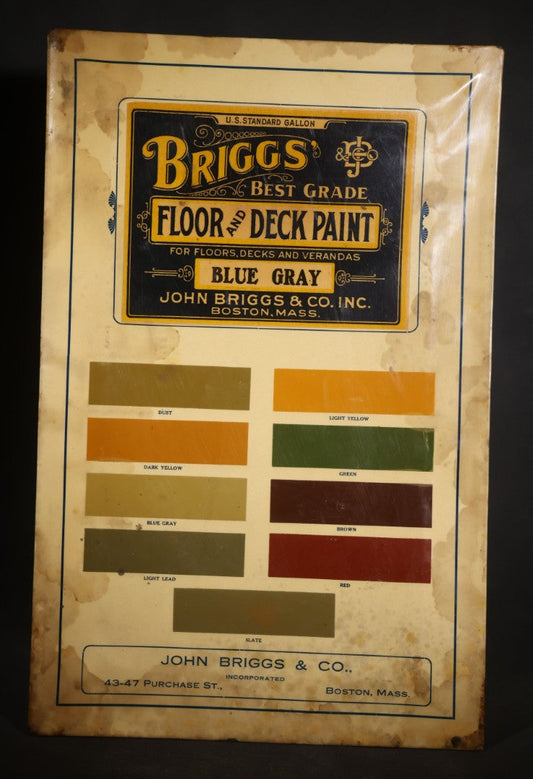 Antique Briggs' Best Grade Floor and Deck Paint Color Sample Sign with Nine Swatches, John Briggs & Co., Inc., Boston, Massachusetts, Note Dents