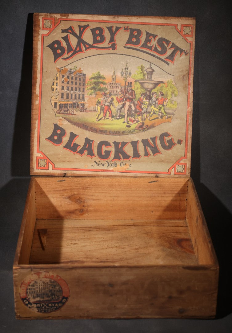 Antique Bixby's "Best" Blacking Wooden Shipping Box with "New York Boot Black Brigade" Inner Lid Label, S.M. Bixby & Co., 173 Washington Street, New York City