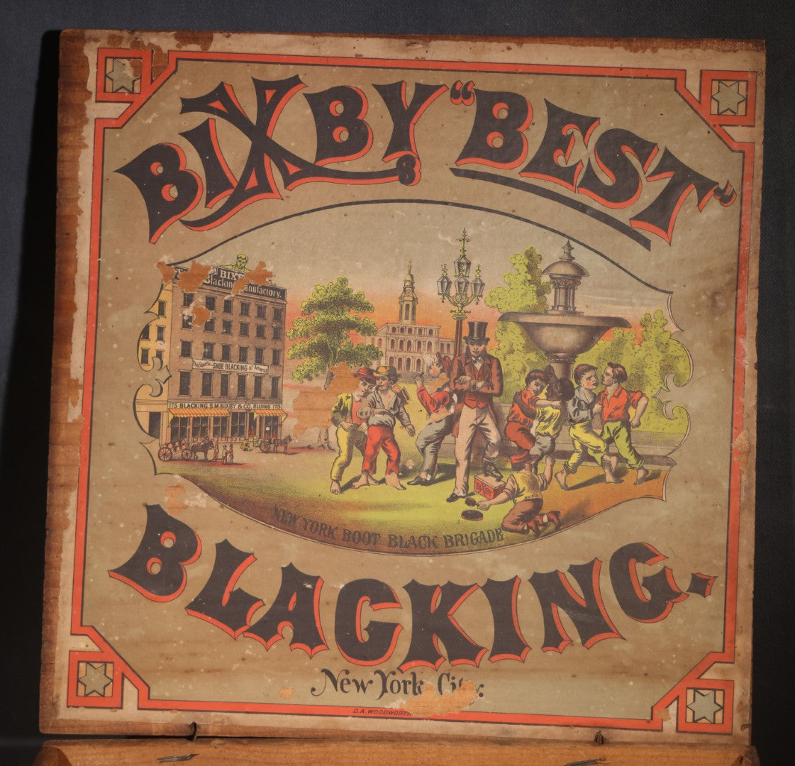 Antique Bixby's "Best" Blacking Wooden Shipping Box with "New York Boot Black Brigade" Inner Lid Label, S.M. Bixby & Co., 173 Washington Street, New York City