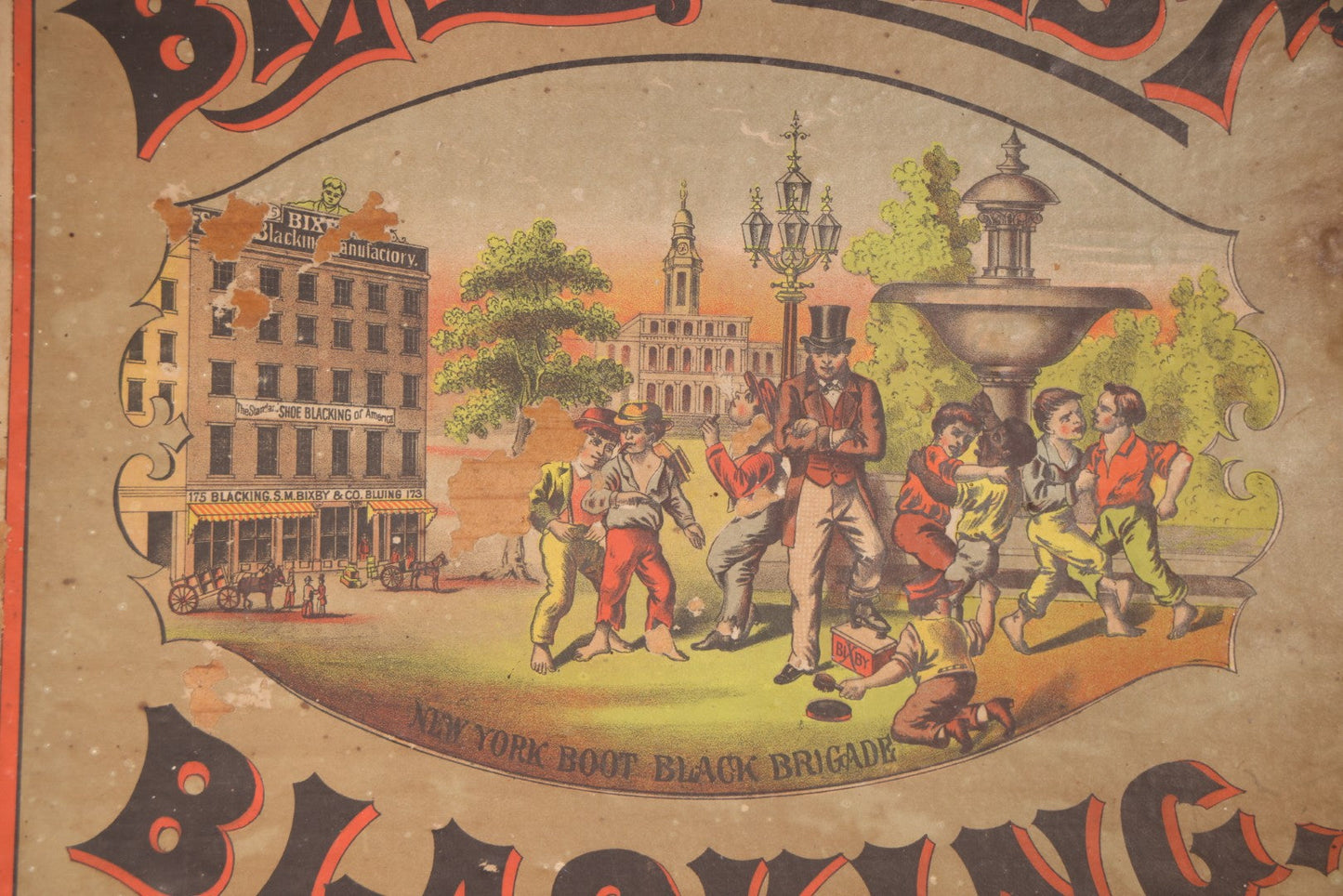 Antique Bixby's "Best" Blacking Wooden Shipping Box with "New York Boot Black Brigade" Inner Lid Label, S.M. Bixby & Co., 173 Washington Street, New York City