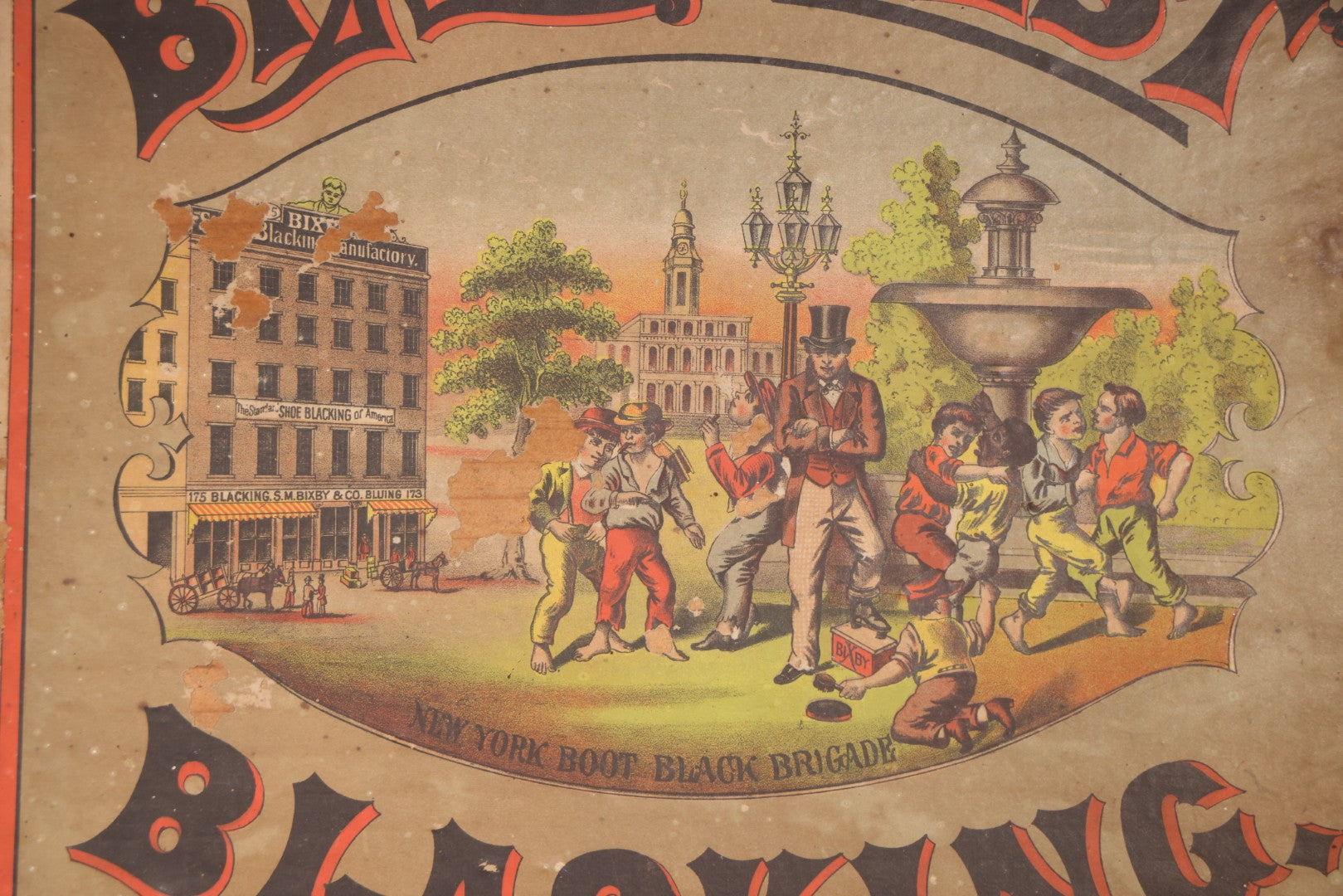 Antique Bixby's "Best" Blacking Wooden Shipping Box with "New York Boot Black Brigade" Inner Lid Label, S.M. Bixby & Co., 173 Washington Street, New York City