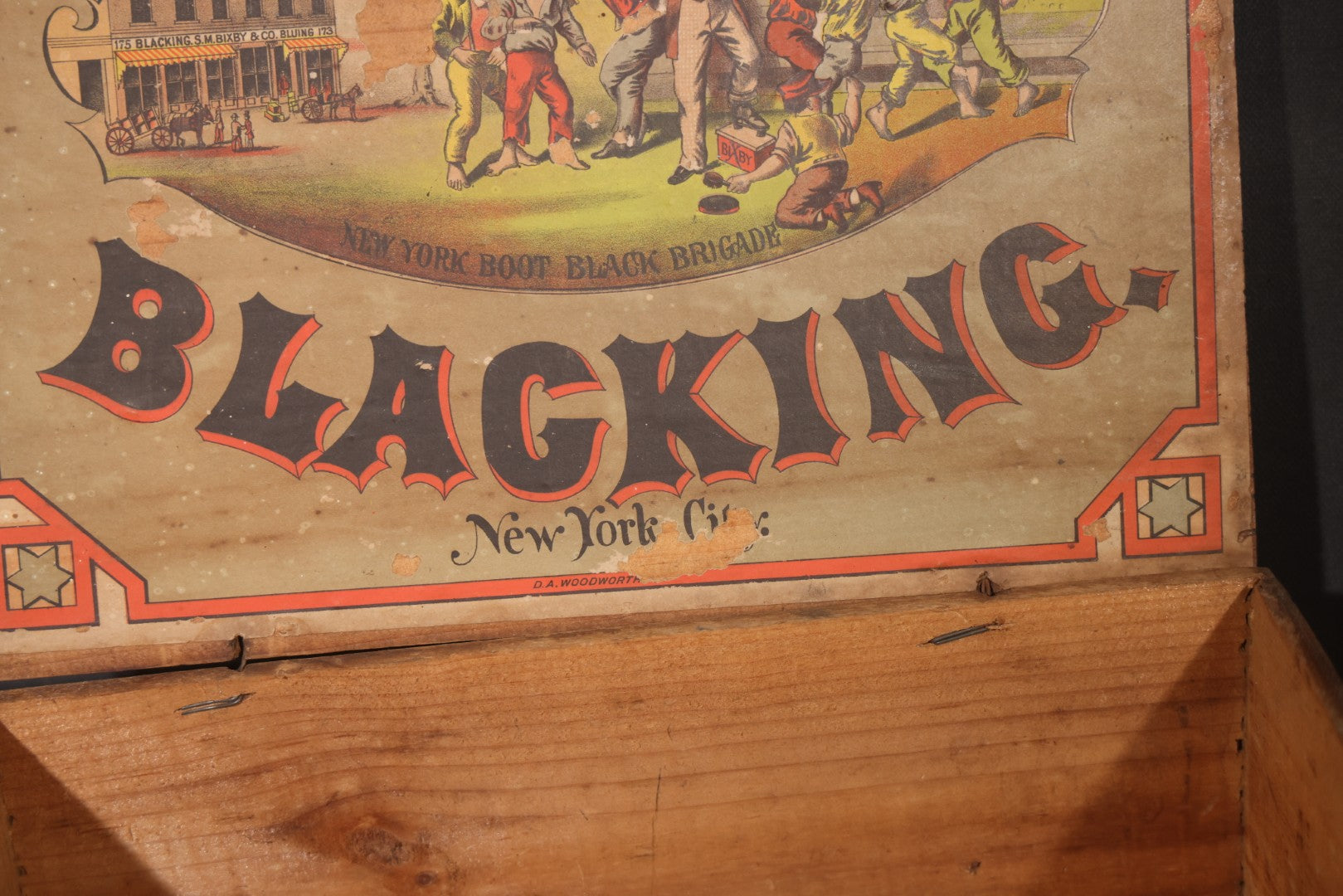 Antique Bixby's "Best" Blacking Wooden Shipping Box with "New York Boot Black Brigade" Inner Lid Label, S.M. Bixby & Co., 173 Washington Street, New York City