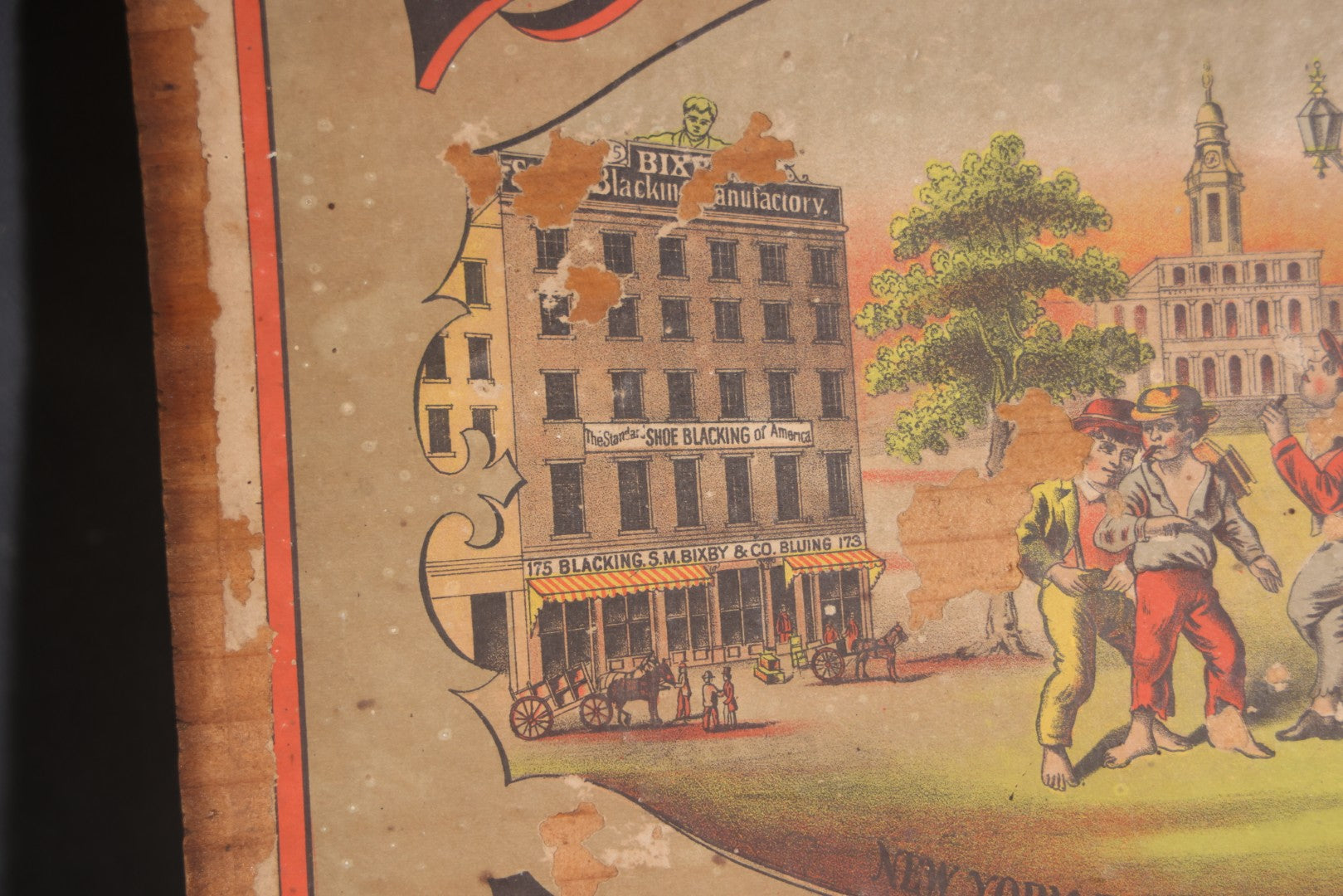 Antique Bixby's "Best" Blacking Wooden Shipping Box with "New York Boot Black Brigade" Inner Lid Label, S.M. Bixby & Co., 173 Washington Street, New York City