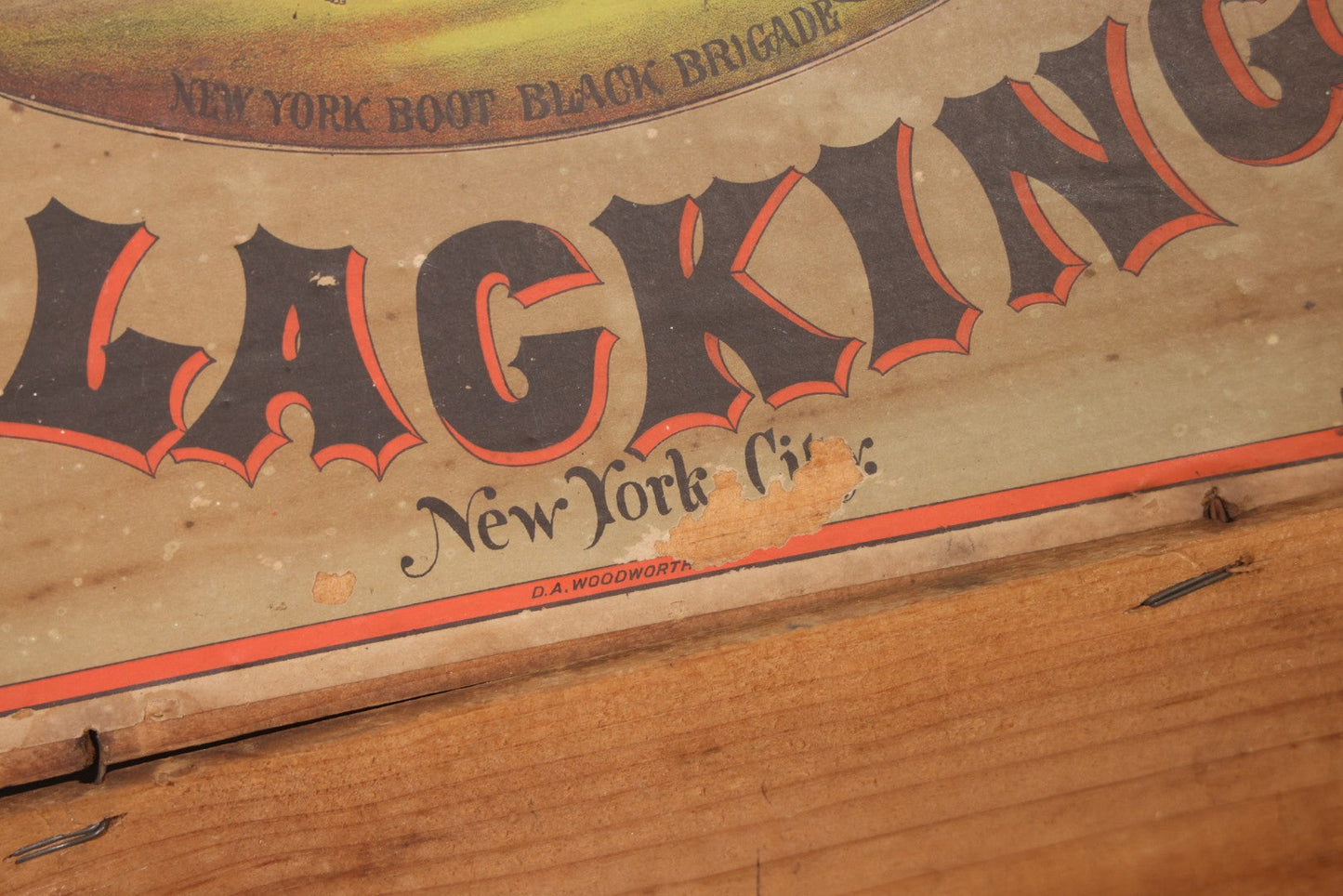 Antique Bixby's "Best" Blacking Wooden Shipping Box with "New York Boot Black Brigade" Inner Lid Label, S.M. Bixby & Co., 173 Washington Street, New York City