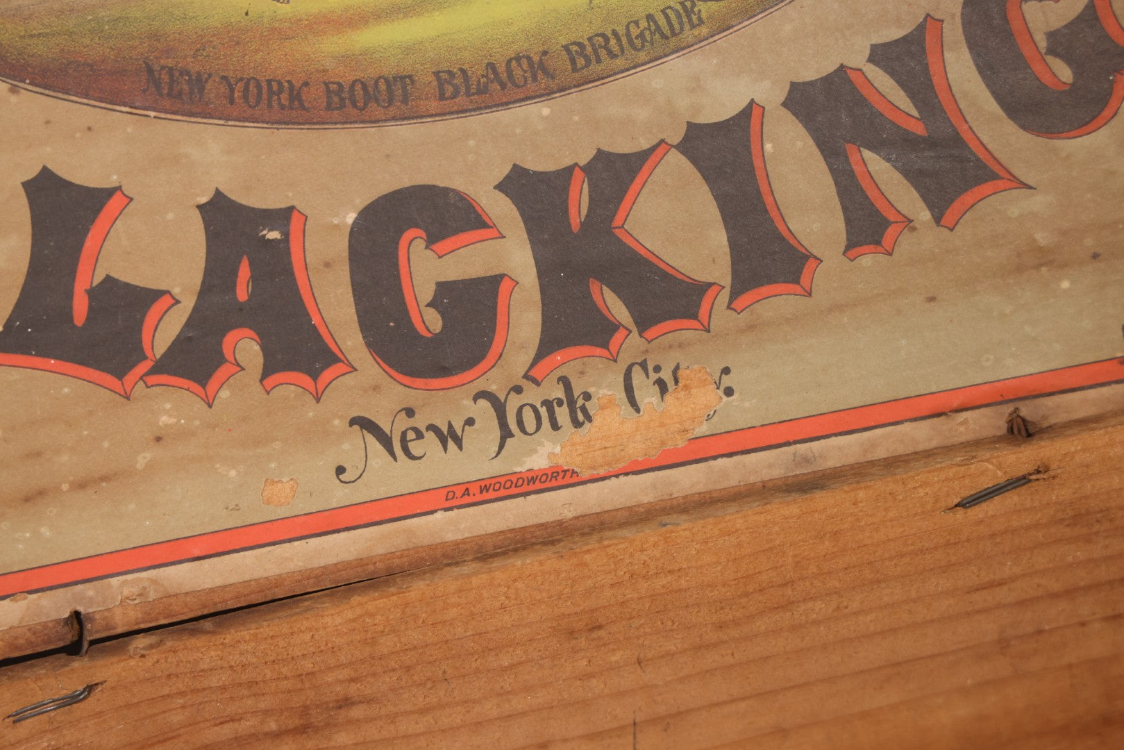 Antique Bixby's "Best" Blacking Wooden Shipping Box with "New York Boot Black Brigade" Inner Lid Label, S.M. Bixby & Co., 173 Washington Street, New York City